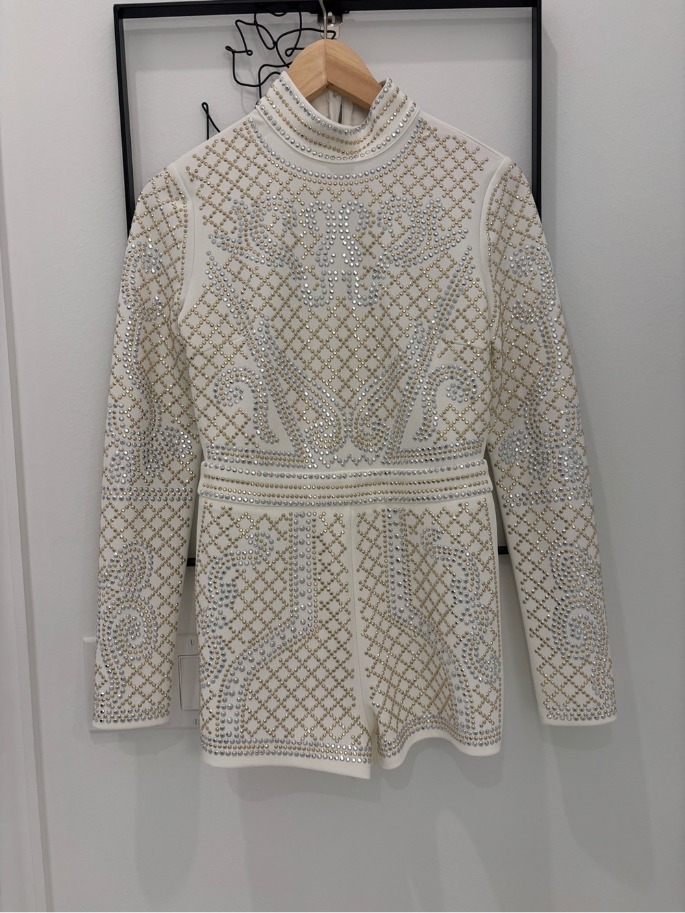 Embellished Cream High-Neck Jumpsuit with Crystal Detail